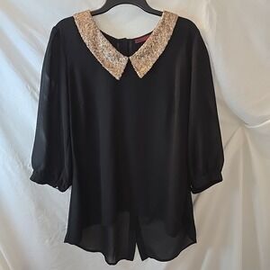 BKE Red High Low Sheer Black 3/4 Sleeve Blouse Back Button Metallic Collar XL